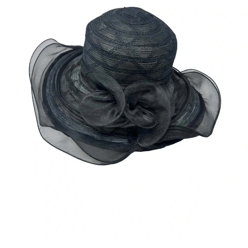 2 Fancy Hats High Tea Wedding Event Dressy White & Black Sheer Ruffle One Size‎